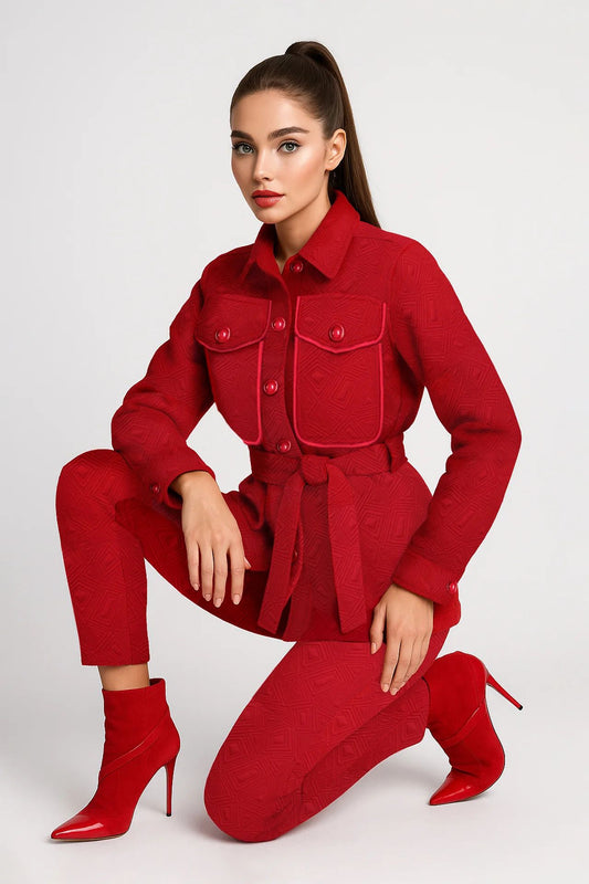Conjunto Feminino Vermelho com Camisa Estruturada e Calça Slim Fit