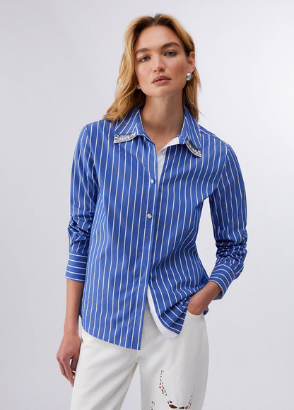 Camisa de Riscas e Strass Azul