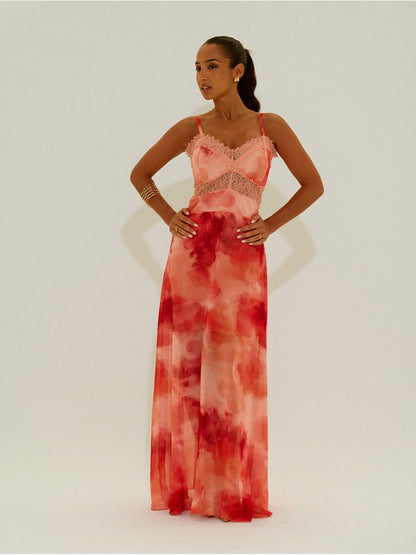 Vestido comprido tye dye com detalhes em renda