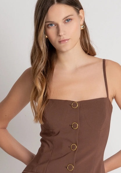 Vestido curto Fracomina castanho com botões dourados