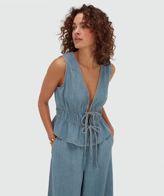 Blusa SEA ajustada com peplum - jeans azul médio