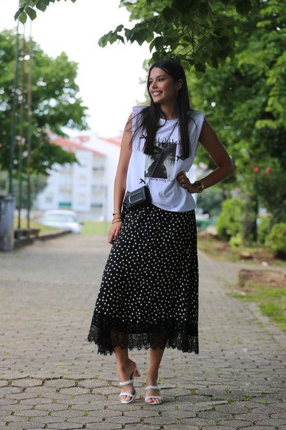 Saia Plissada com Renda
