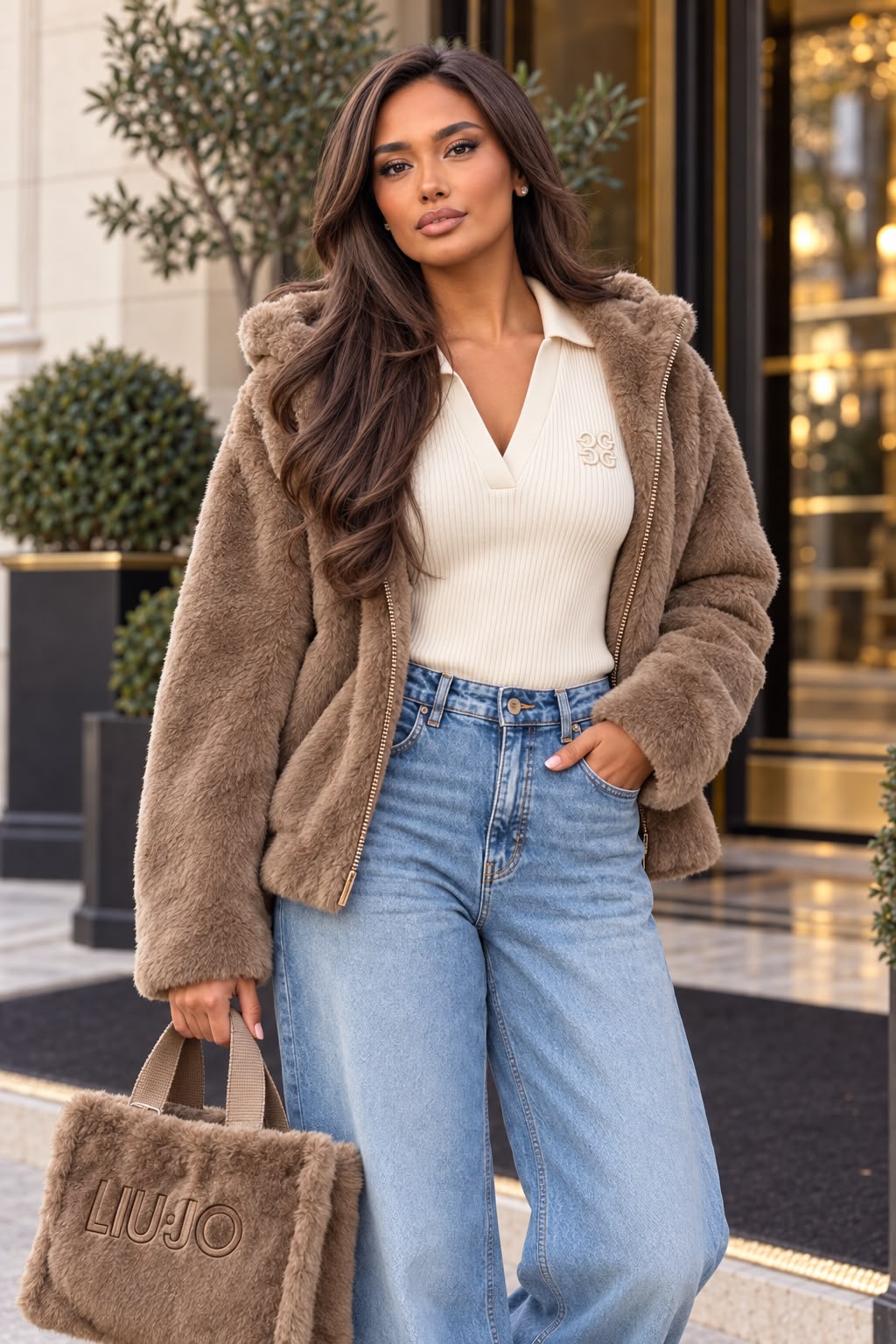 Casaco de Pelo com Capuz Liu Jo – Taupe