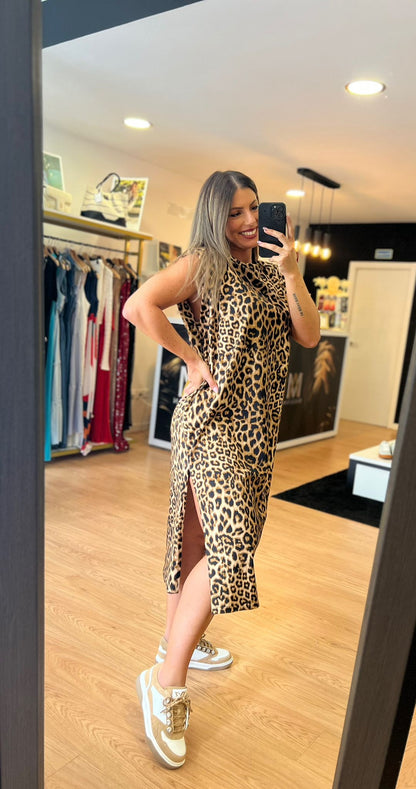 Vestido Midi Animal Print Ombreira – Tamanho Único