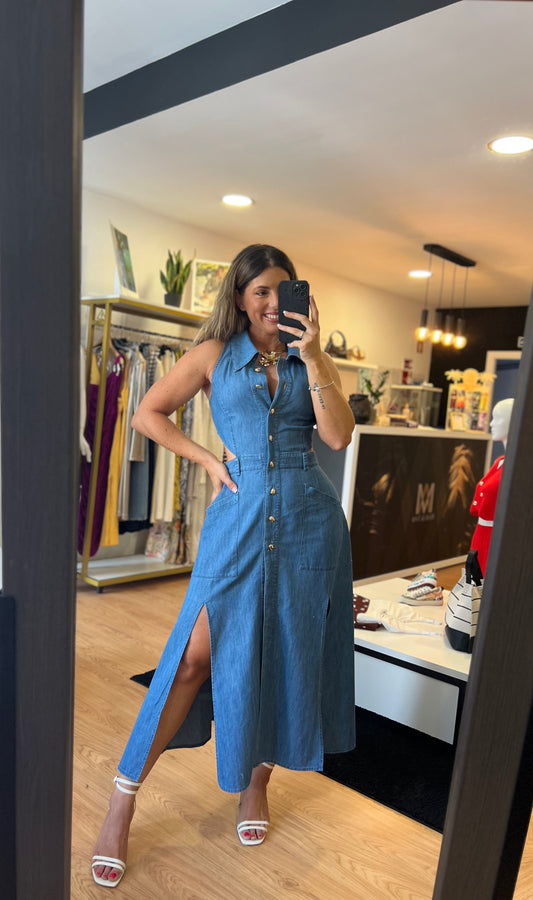 Vestido Midi em Ganga com Lapela