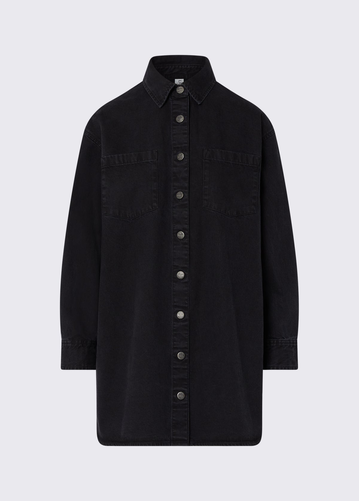 Vestido camiseiro de ganga preta com aplicações nas costas