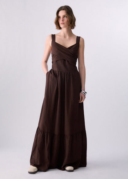VESTIDO LONGO CHOCOLATE COM DETALHE CRUZADO