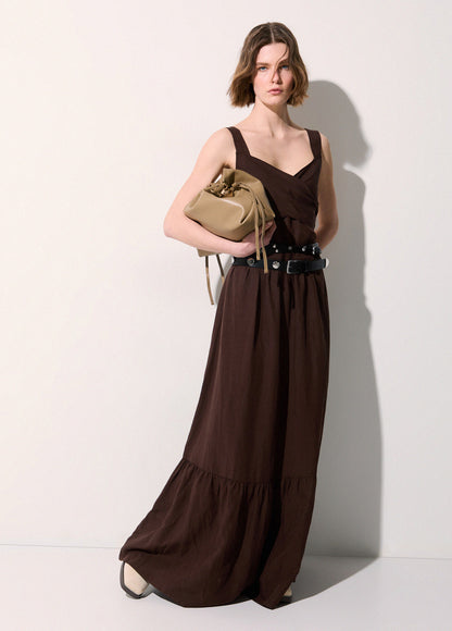 VESTIDO LONGO CHOCOLATE COM DETALHE CRUZADO