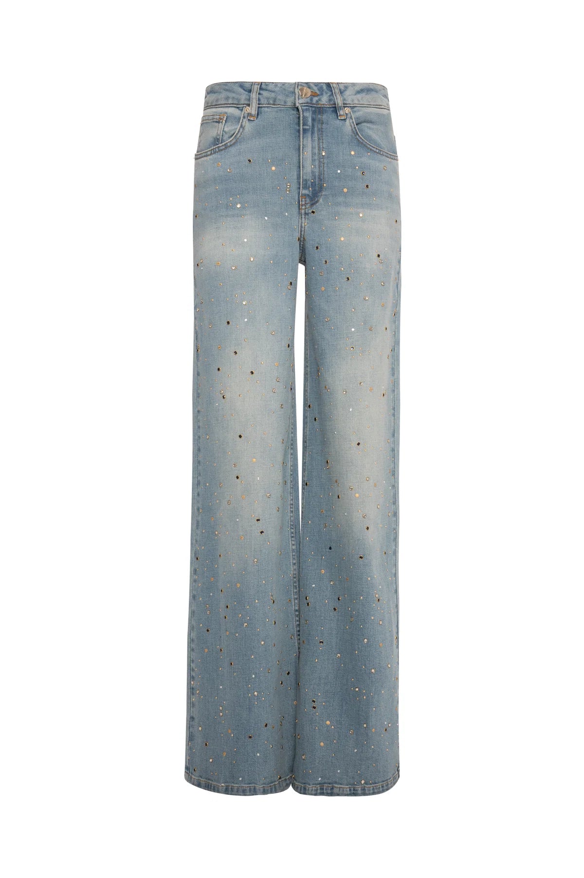 Calça jeans flare em denim com lavagem clara