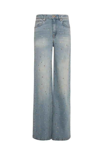 Calça jeans flare em denim com lavagem clara