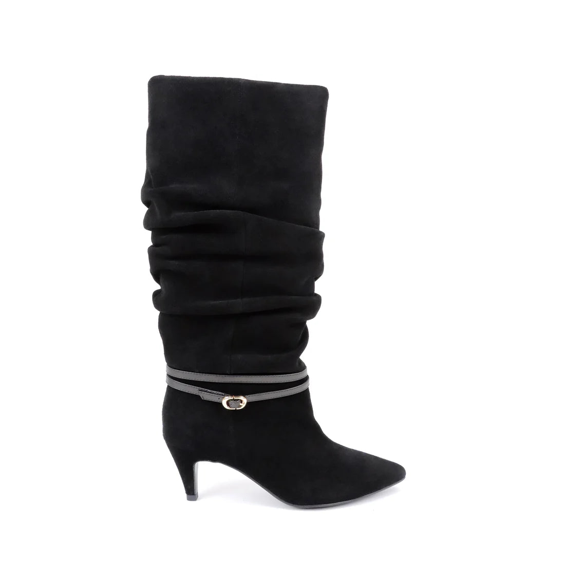 Botas Altas Pretas com Salto Baixo e Detalhe Dourado