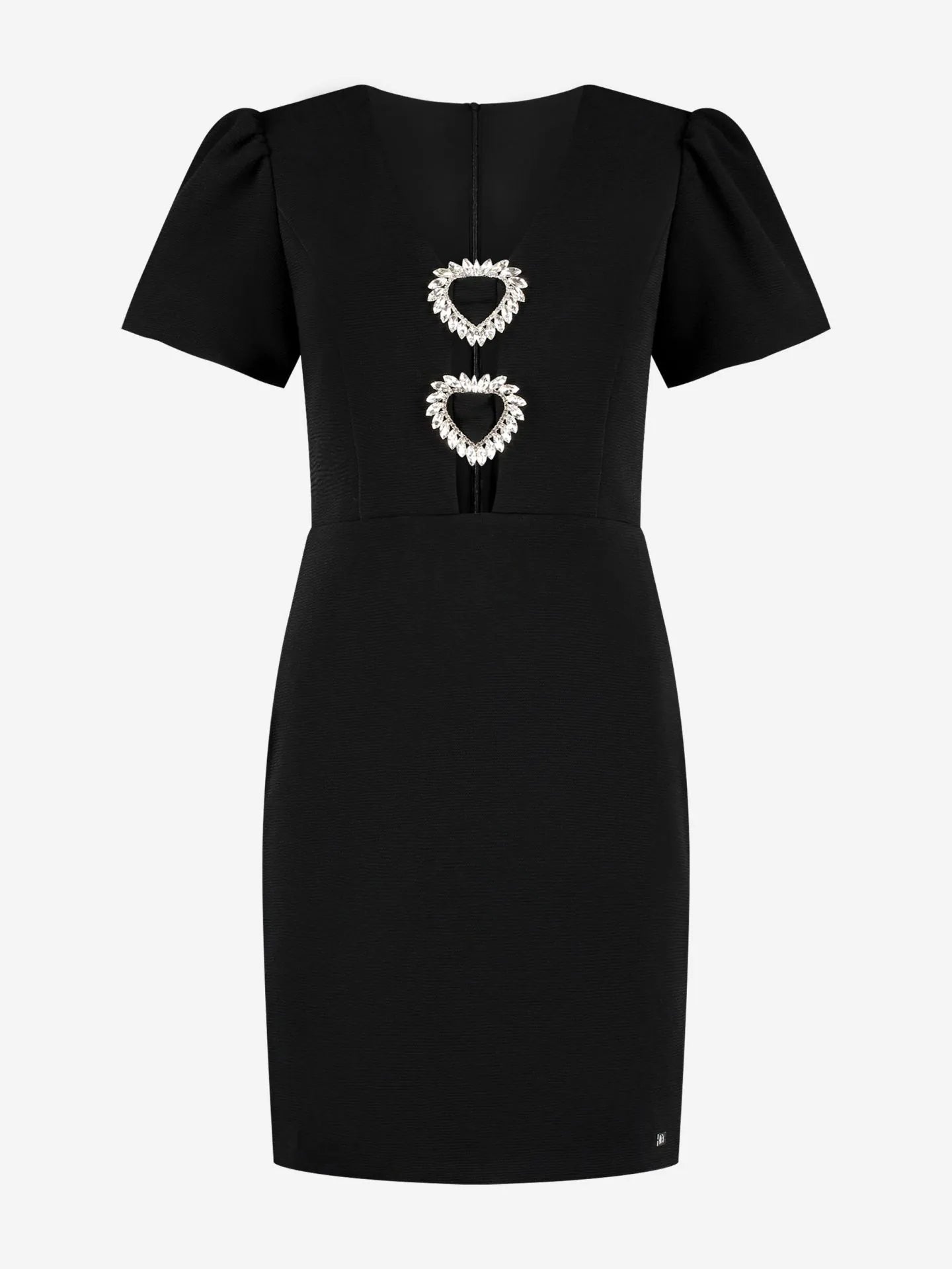 Vestido justo com mangas bufantes e detalhes em strass