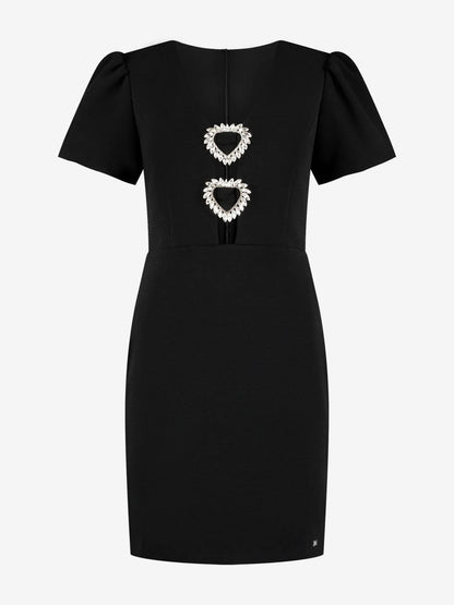 Vestido justo com mangas bufantes e detalhes em strass