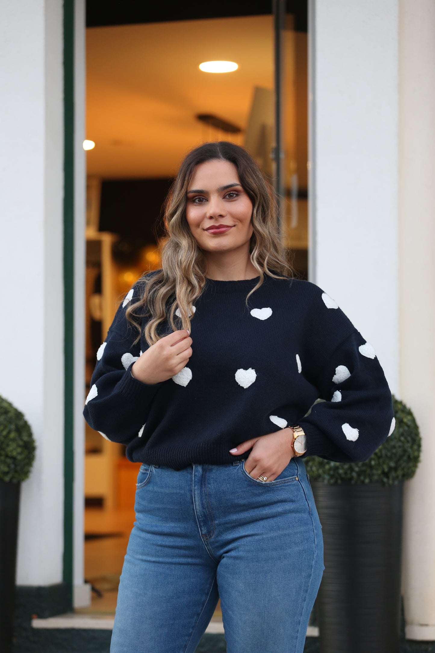 Camisola Corações Brancos Azul-Marinho