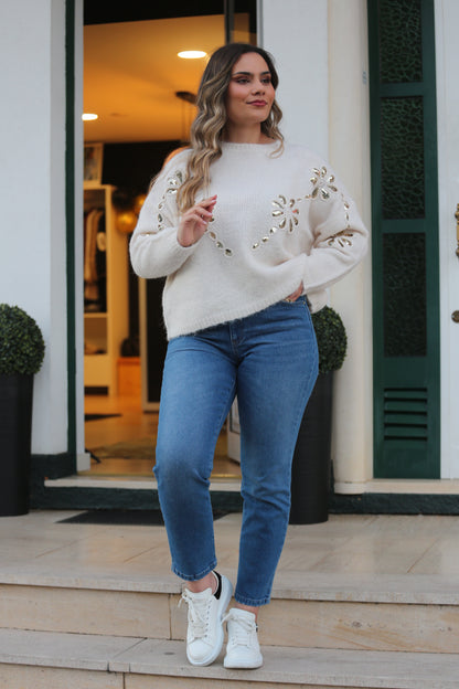 Camisola Creme Bordada com Lantejoulas