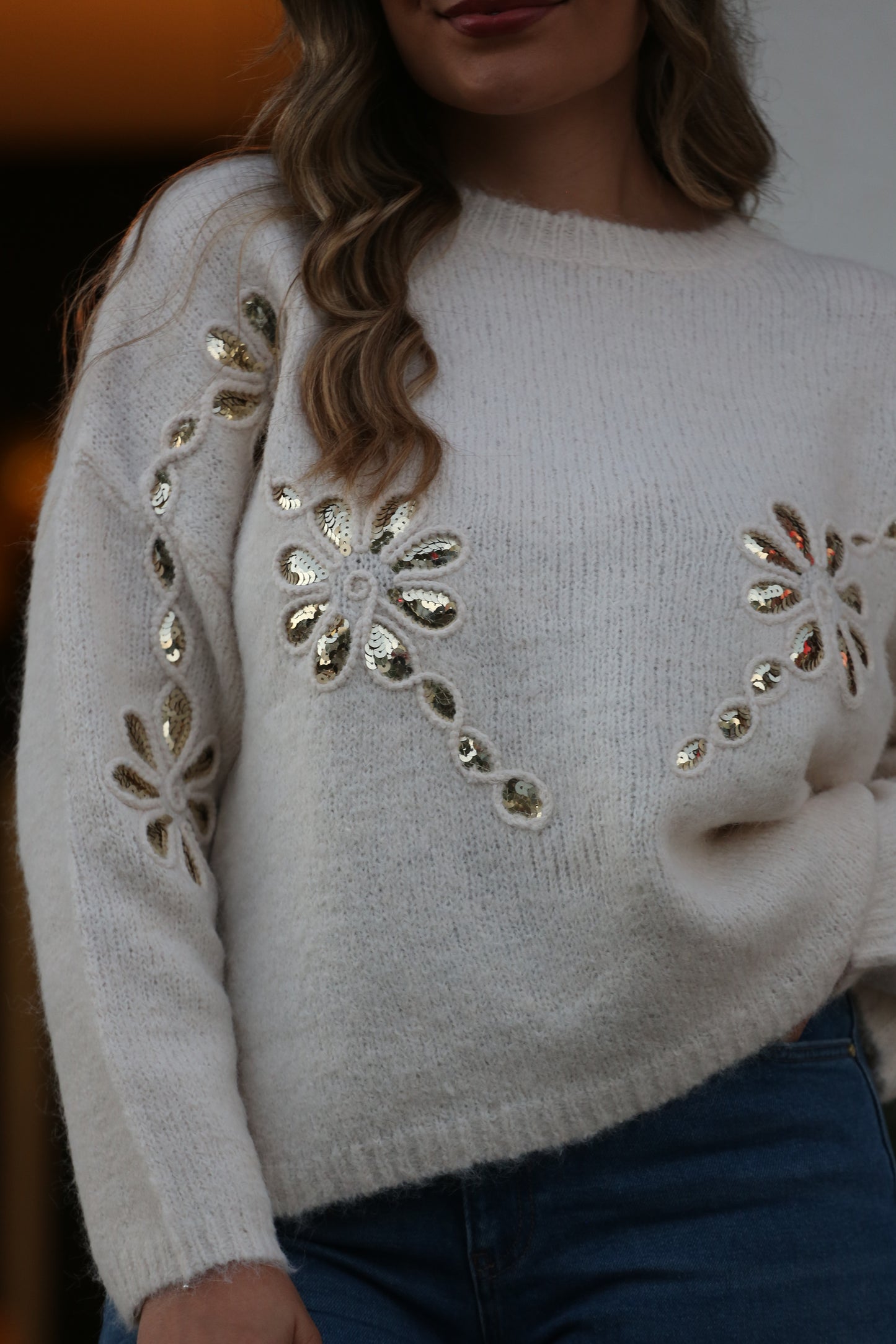 Camisola Creme Bordada com Lantejoulas