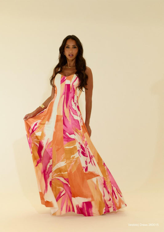 Vestido Longo Fluido Estampa Vibrante