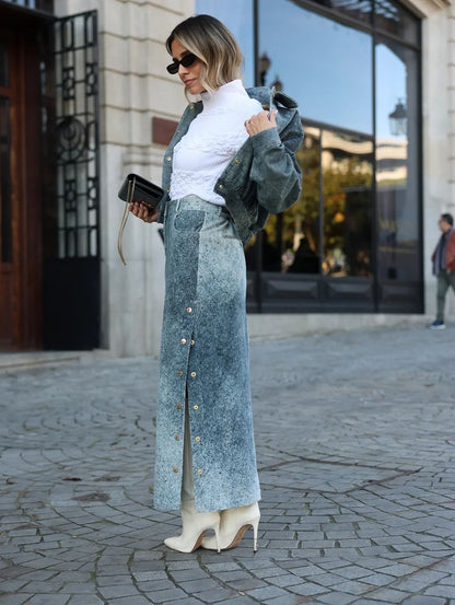 Saia Comprida em Efeito Denim Lavado