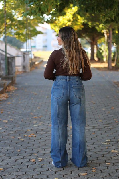 Calças de Ganga Wide Leg com Cintura Subida