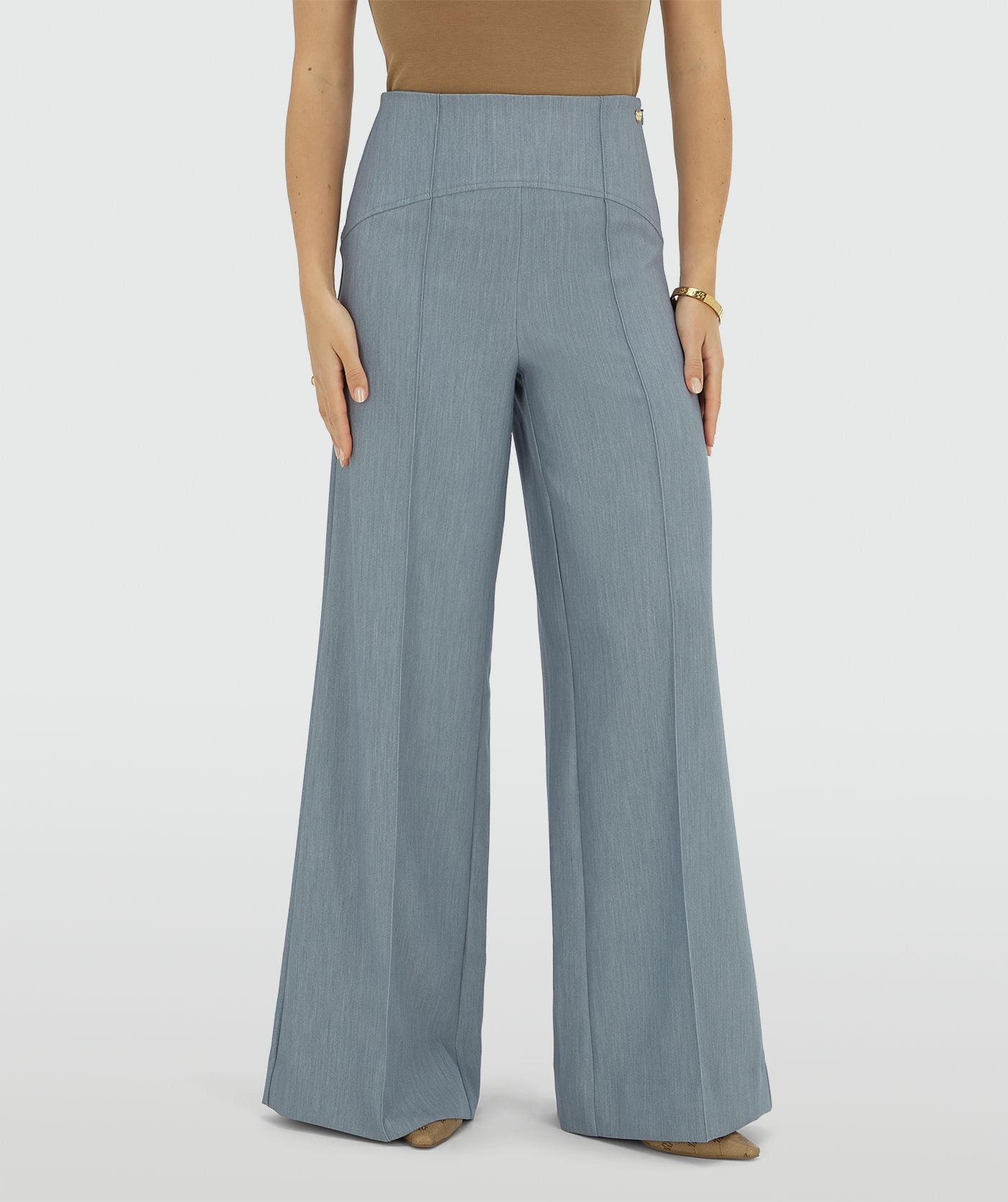 Calça MICHELLA de cintura alta e pernas largas - azul celeste mesclado