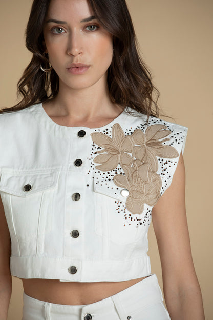 Colete curto denim com bordados