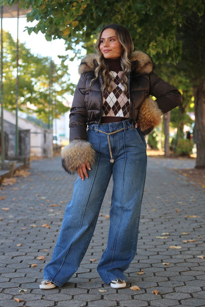 Calças de Ganga Wide Leg com Cintura Subida