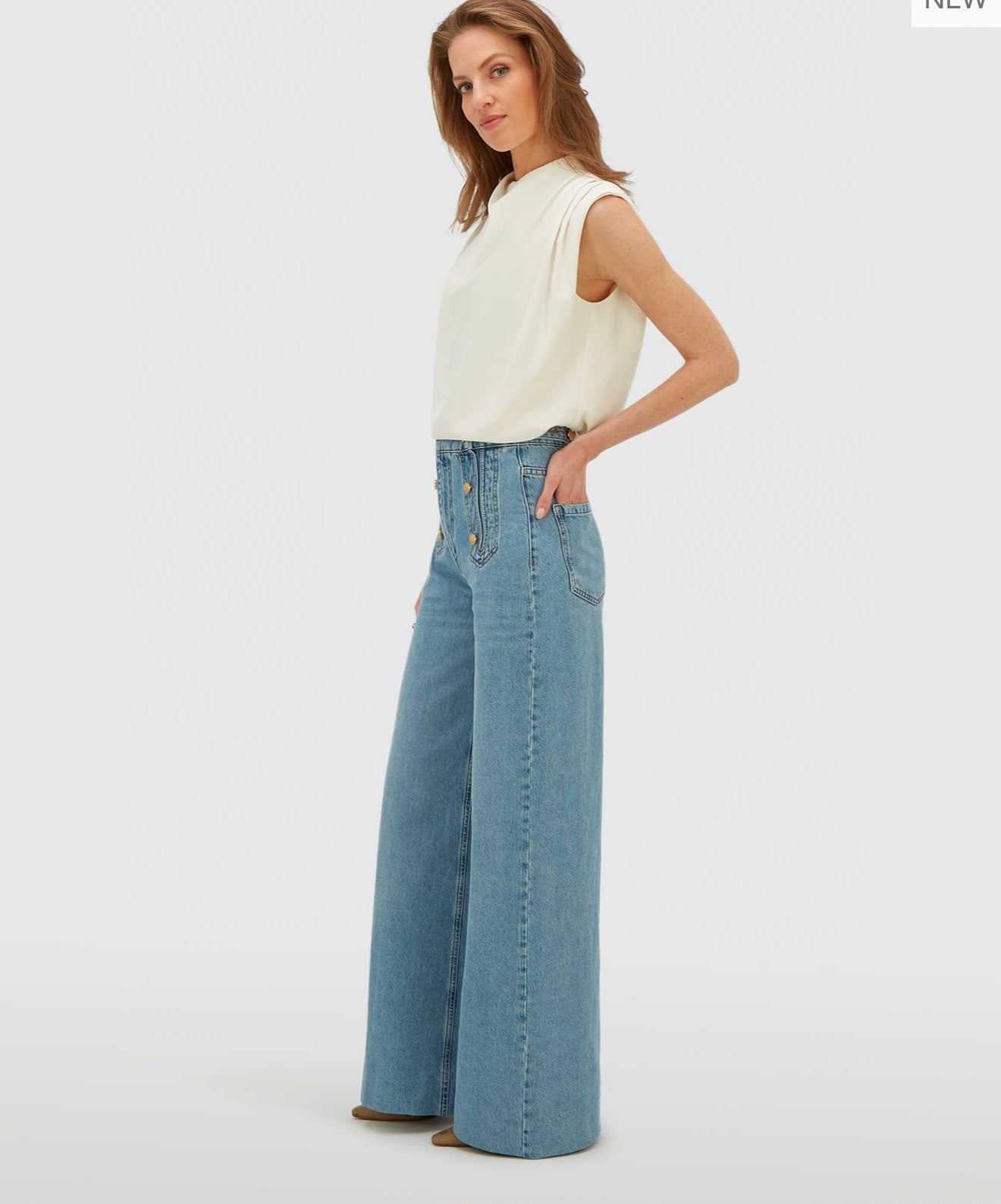 Calça jeans JV-RUMO de cintura alta e pernas largas - jeans azul claro