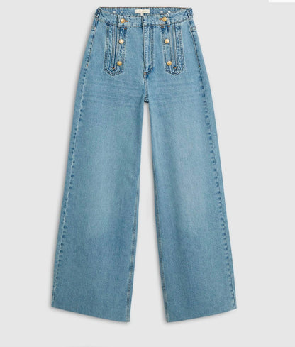 Calça jeans JV-RUMO de cintura alta e pernas largas - jeans azul claro