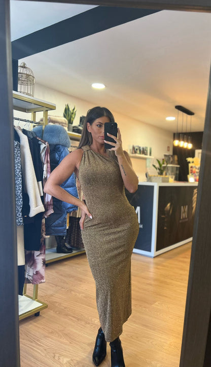 Vestido Midi Dourado com Brilho