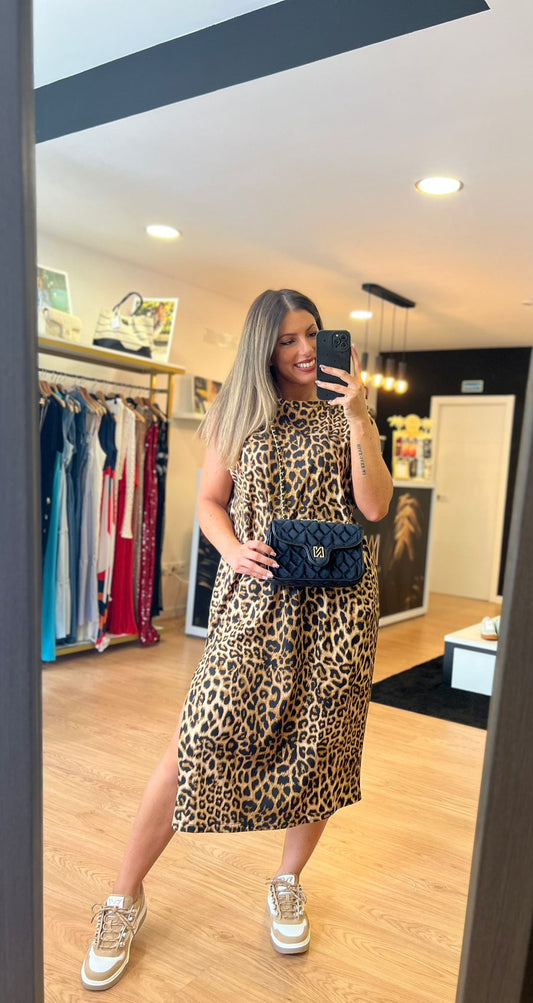 Vestido Midi Animal Print Ombreira – Tamanho Único