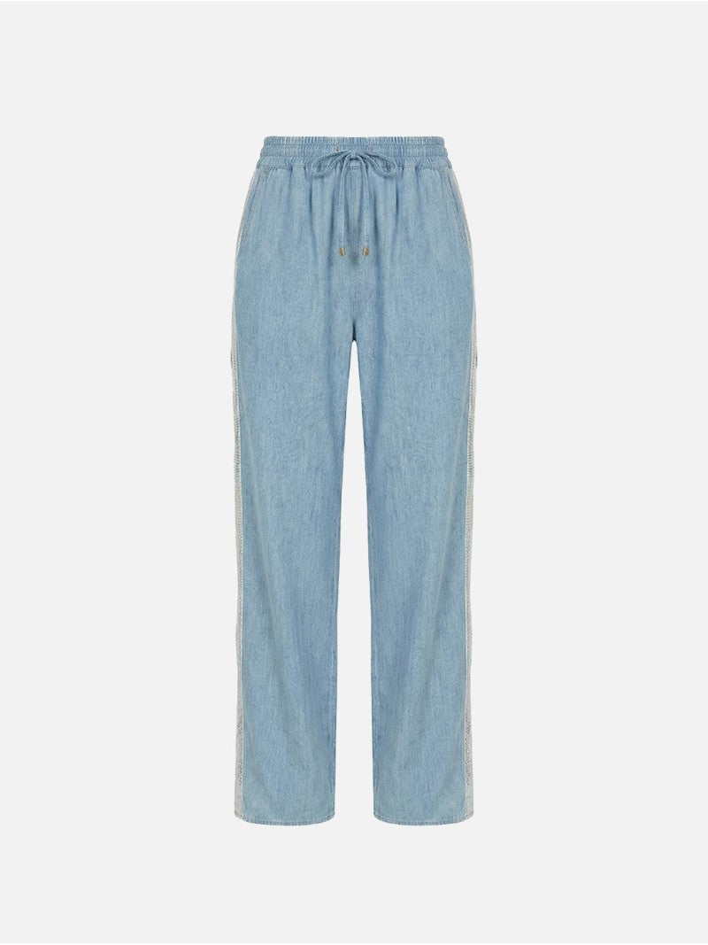 Calça fluída em linho com tira a contrastar