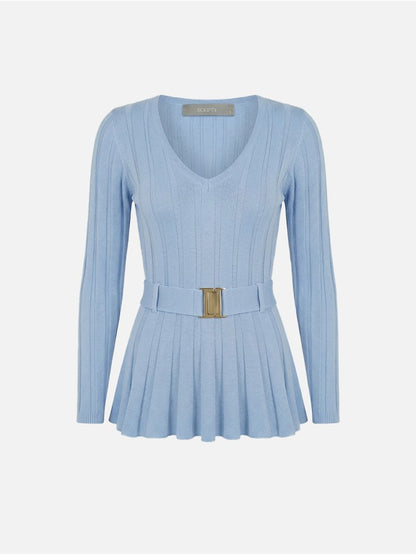 Camisola de malha efeito canelado com cinto