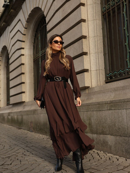Vestido Longo Castanho com Gola Subida