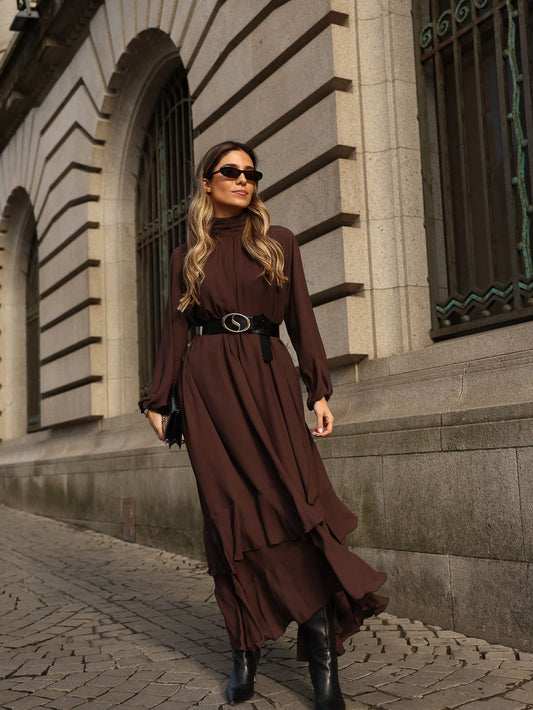 Vestido Longo Castanho com Gola Subida