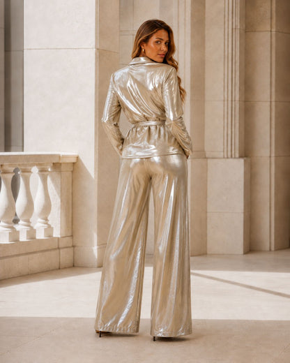Conjunto Metalizado Champanhe com Blazer e Calças Wide Leg