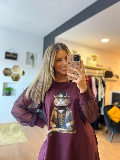 Vestido Oversized Gatinho Bordô com Bolsos