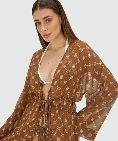 Kimono oversized SIENNA com estampa de logo - marrom