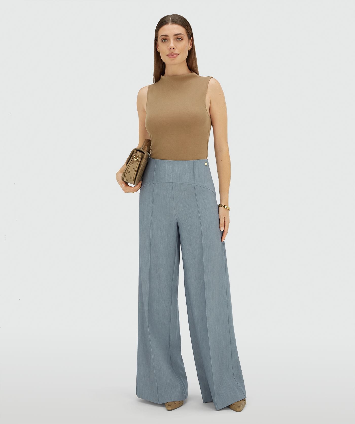 Calça MICHELLA de cintura alta e pernas largas - azul celeste mesclado