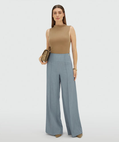 Calça MICHELLA de cintura alta e pernas largas - azul celeste mesclado