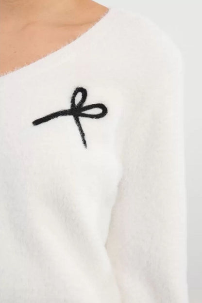 Camisola de Malha com Decote em V e Laço Bordado – Branco
