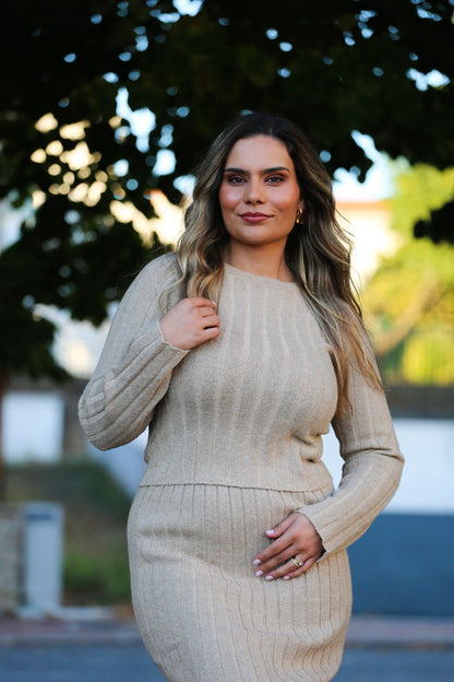 Conjunto de Malha Canelada Bege