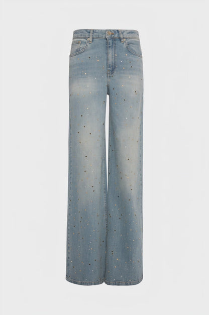 Calça jeans flare em denim com lavagem clara