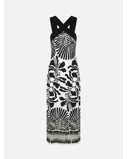 Vestido estampado em malha com rachas laterais