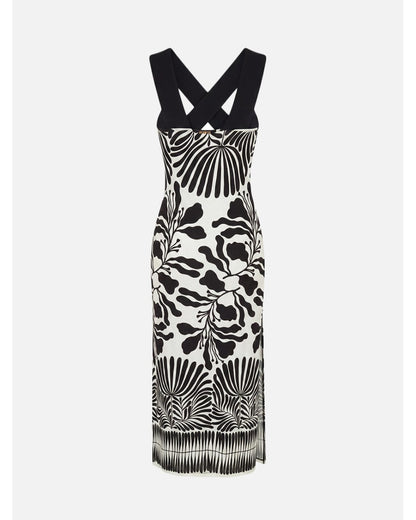 Vestido estampado em malha com rachas laterais