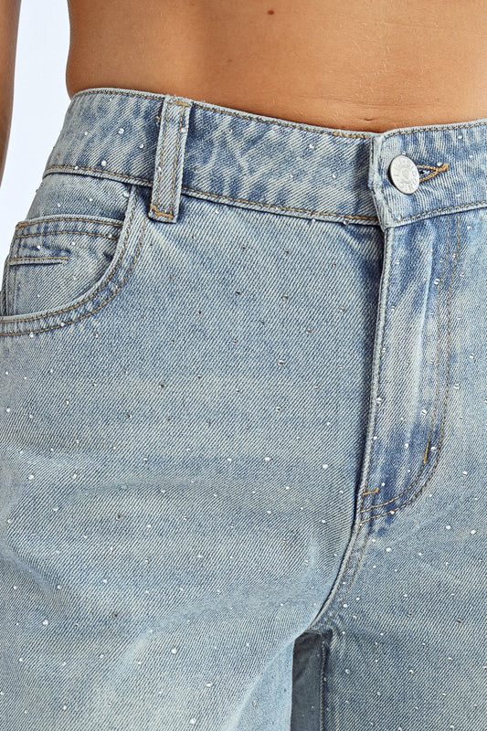 Calça jeans larga com strass